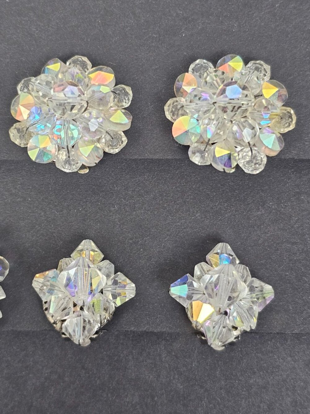 Vtg Crystal Glass Clear AB Aurora Borealis Cluster Clip On Earring 4 Pair Lot 97 - Picture 3 of 11